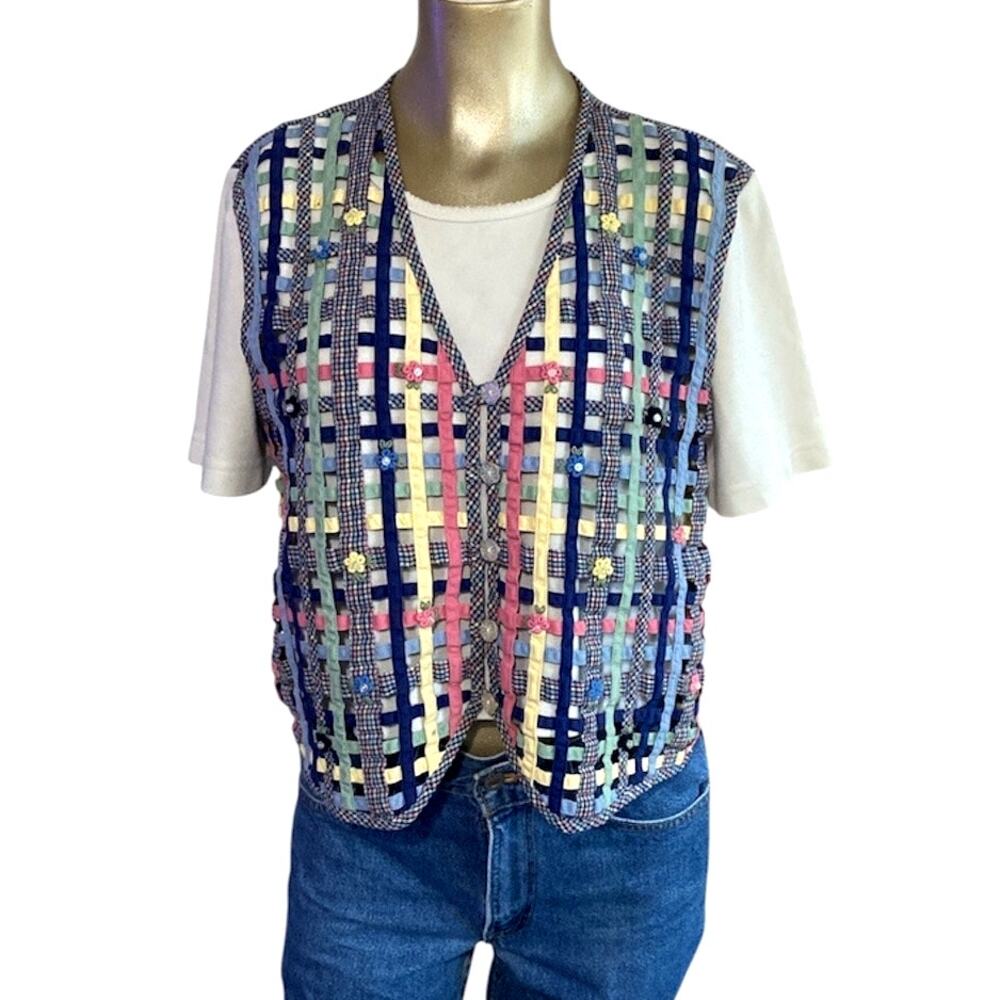VTG Koret Francisca Petites Medium Layered Look Top Ribbed Tee Plaid Ribbon Vest